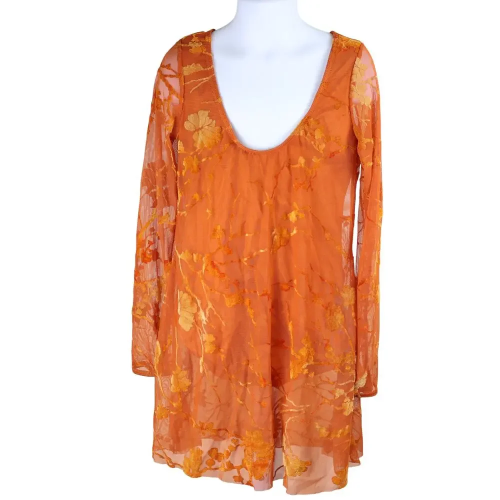 Weissman Lyrical Dance Costume MC Orange Sheer Floral Long Sleeve Leotard